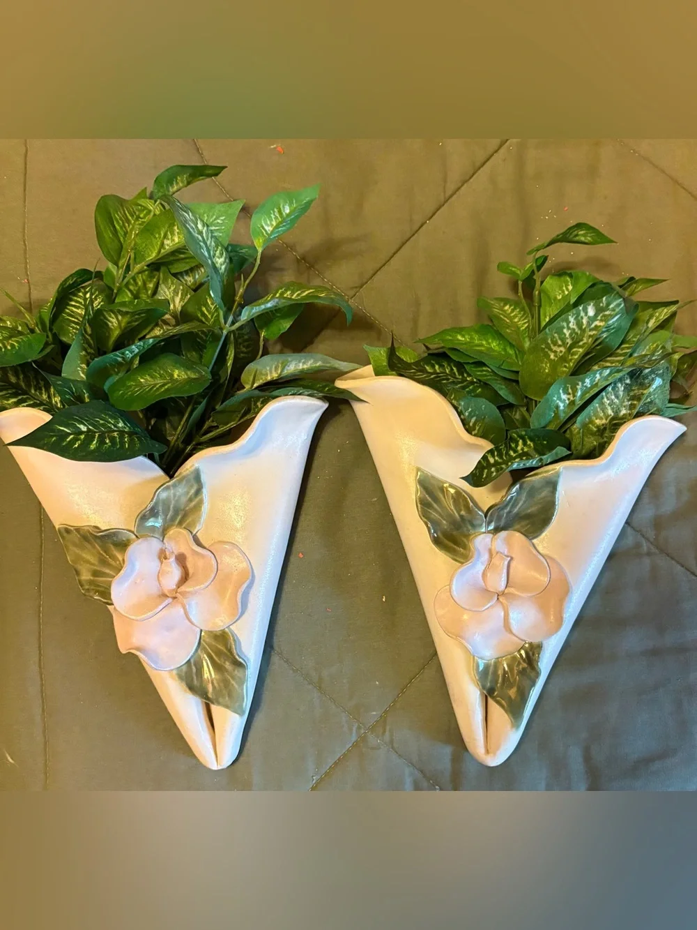 Ceramic Wall Pocket Planter Pair with Pink Flower Accent
